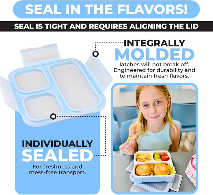 kinsho Medium Bento Box for Kids, Lunch-Box Snack Container for Boys Girls Daycare Pre-School, Leakproof 3 Divider Containers for Lunches Snacks (Pastel Blue +Teal)