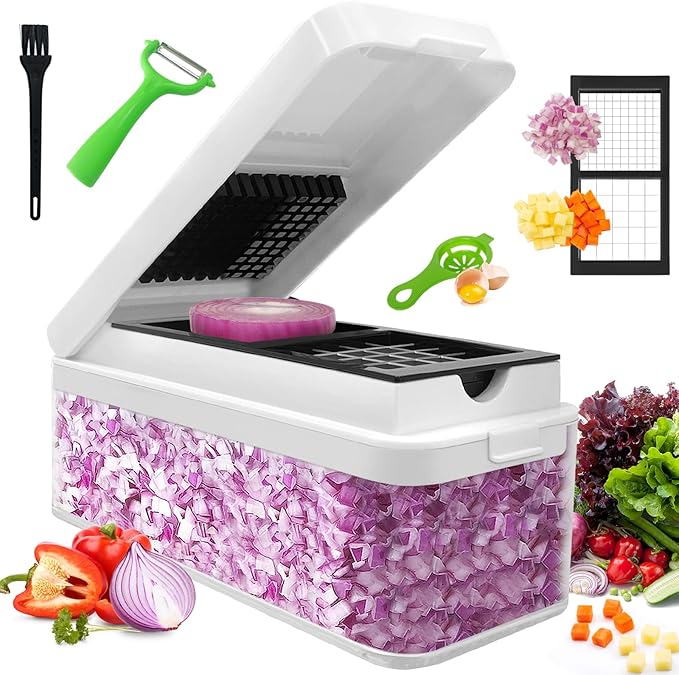 Vegetable Chopper, Onion Chopper Dicer, Mandoline Slicer, Food Chopper with Container, Vegetable Cutter for Salad Potato Carrot Garlic(2 Blades, White Black)