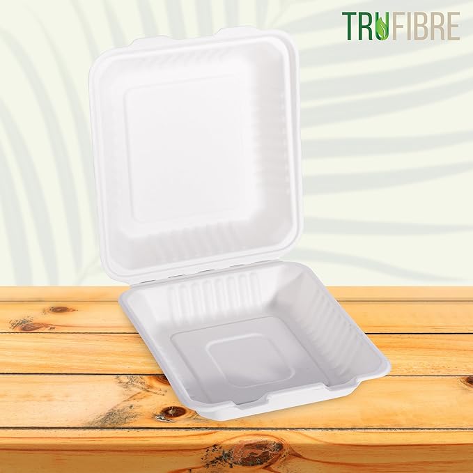 8 x 8 50 Pack White Clamshell Take Out Containers, 100% Biodegradable Compostable Bagasse, Disposable To Go Food Containers with Lids in Bulk