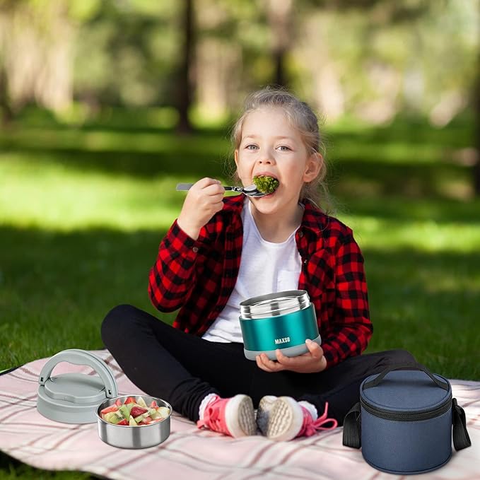 MAXSO Food Jar for Hot Food - 24 OZ Soup Thermo for Adults Vacuum Insulated Lunch Containers with Foldable Spoon & Thermal Bag, Wide Mouth Leakproof Bento Box - Green