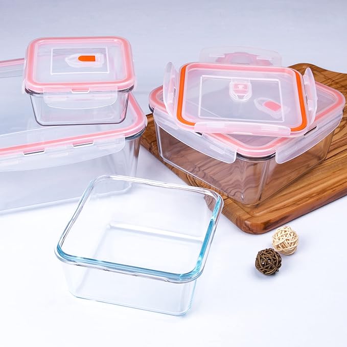 Extra Large Glass Storage Containers with Lids, Set-8-Piece Lunch Containers, Ideal for Storing Food, Vegetables, Fruits, Baking Cake & lot of other Tasty Food (Square)