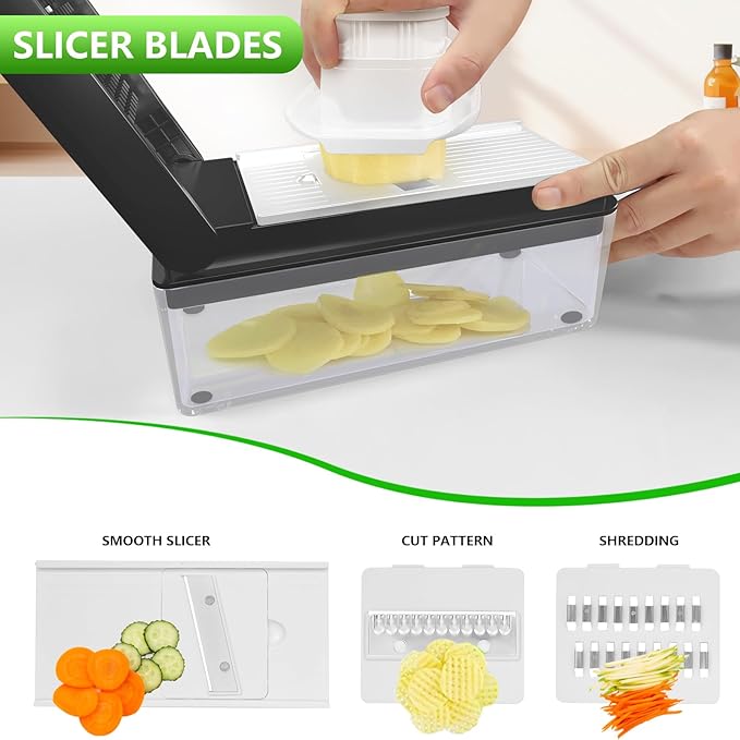 Vegetable Chopper, Onion Chopper Dicer, Mandoline Slicer, Food Chopper with Container, Vegetable Cutter for Salad Potato Carrot Garlic(10 Blades, Black White)