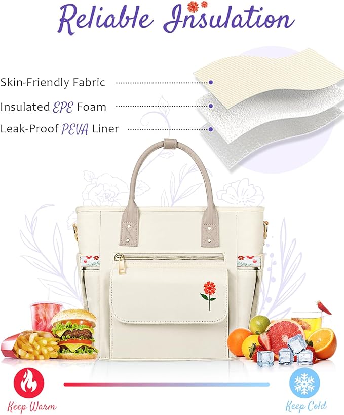 Deluxe Large Insulated Lunch Bag Box Women - Leakproof Waterproof Cooler with Multi Pockets Removable Strap for Work Picnic - Teacher Mothers Day Christmas Birthday Gifts