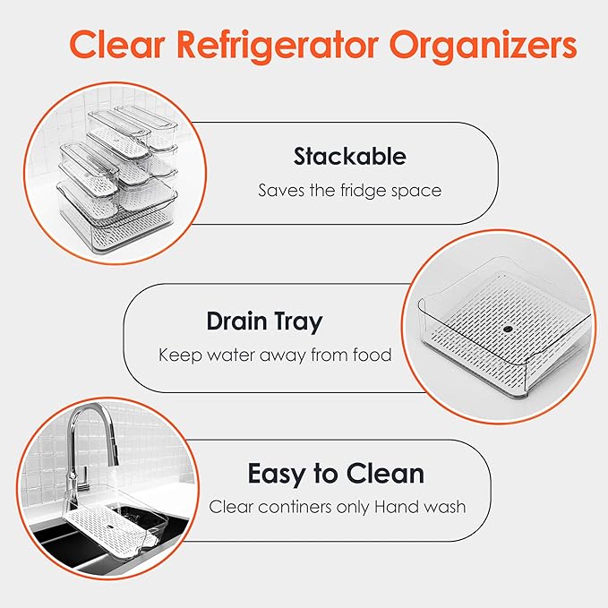 Fridge Organizers and Storage, 8 Pack Clear Freezer Organizer Bins with Lids for Kitchen, Pantry, Refrigerator, Food, Fruit, Vegetable Storage (8 Bins Include A Pull-out Drawer)