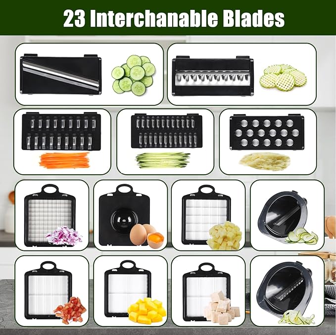Multifunctional vegetable cutter 23 in 1 vegetable slicer, cucumber slicer, potatoes, tomatoes, zucchini, garlic, eggs, vegetable cutter with container and lid, salad cutter, dicing machine, shredder