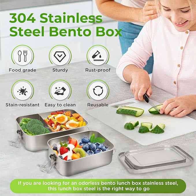 LEEPENK 304 Stainless Steel Lunch Box and Food Containers with Lids 2 Pack 1400/850ml Leak-Proof Adjustable Compartment Metal Bento Box for Travel Work Picnic Adults