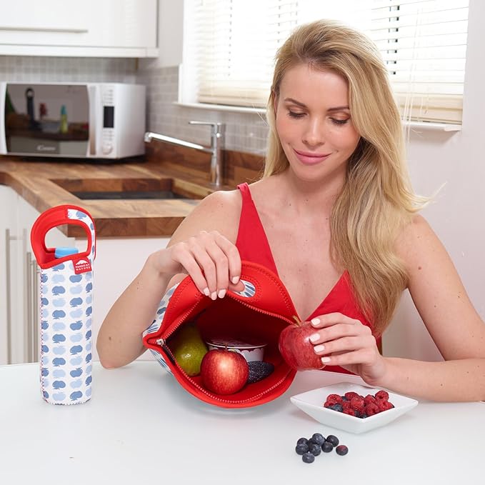 Nordic By Nature Neoprene Reusable Lunch Bag For Women, Apple Red, 12"l X 12"h X 6.5"w