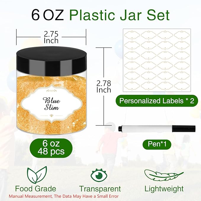 Plastic Jars with Lids, 48 Pcs 6 OZ Slime Containers with Screw On Lids Clear Round Plastic Storage Jars Refillable Container Jar for Travel Storage Home Kitchen Food
