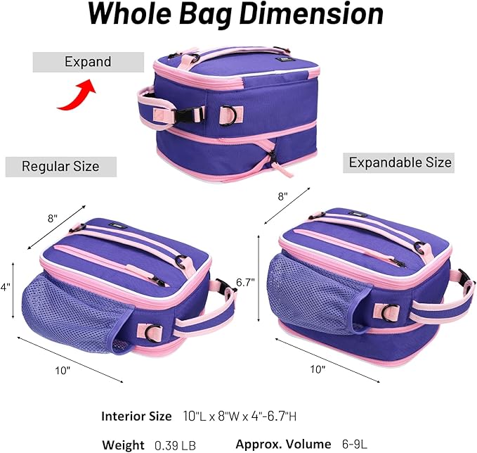 MIER Expandable Lunch Bag Insulated Lunch Box for Teen Girls Women to School Work Travel Portable Lunchbox Bags with Shoulder Strap and Water Bottle Holder(Purple)