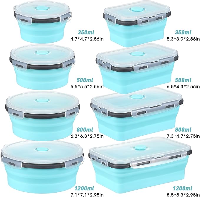 8 Pieces Collapsible Food Storage Containers Foldable Silicone Lunch Containers with Lids, 4 Pcs Silicone Rectangle Collapsible Bowls and 4 Pcs Round Food Bowls, Microwave Freezer and Dishwasher Safe