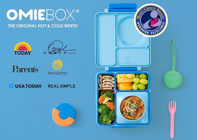 Omie OmieBox Bento Box for Kids - Insulated Lunch Box with Leak Proof Thermos Food Jar - 3 Compartments, 2 Temperature Zones (Blue Sky)