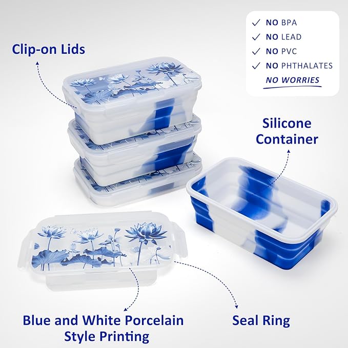Collapsible Food Storage Containers with Lids in Blue and White Porcelain China Style, 48oz, 4 Pack, Stackable Silicone Containers for Food Lunch, Microwave Freezer Dishwasher Safe, Clear
