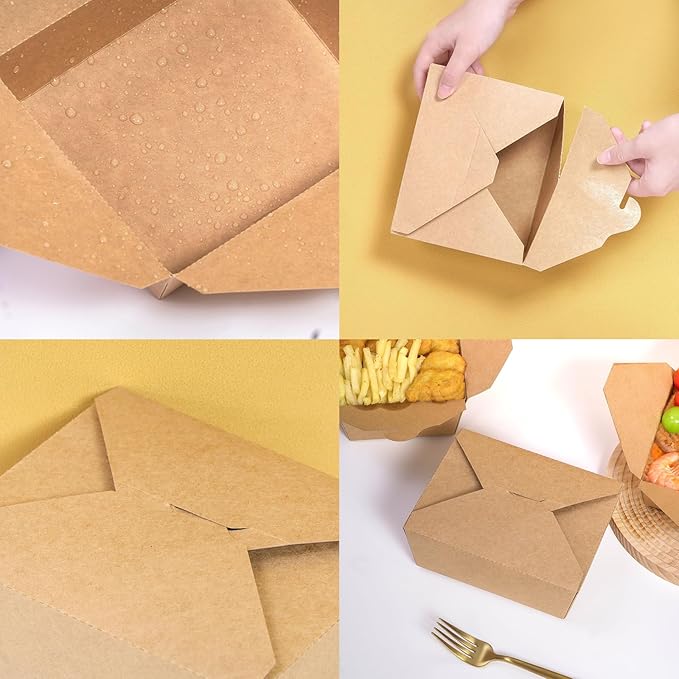 50 Pack 47 oz Large Takeout Food Container, Heavy-duty Microwave Kraft Paper Takeout Box, Leak Proof and Oil Resistant Paper Lunch Box, Cardboard takeout box for Restaurants, Homes, and Gatherings