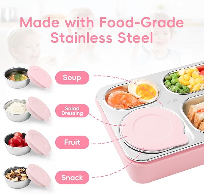 36-oz Lunch Box Containers Stainless Steel Bento Box for Adults with 4-Compartment Snack Tray, Soup Bowl with Lid & Metal Spoon, Dishwasher Safe, Easy to Carry, Pink