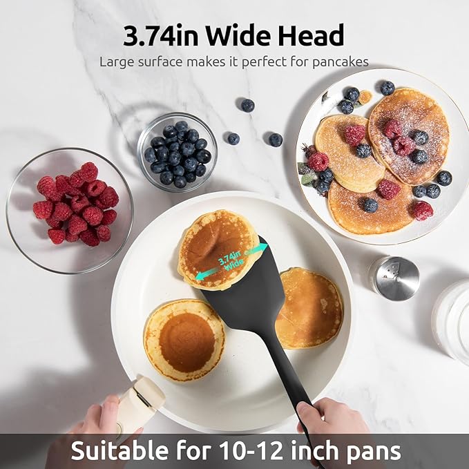 18/8 Stainless Steel Measuring Spoons Set for Dry and Liquid Ingredients (Set of 6), and 600℉ Heat Proof Long & Wide Silicone Solid & Slotted Turner Set of 2 for Egg, Pancake (Black)
