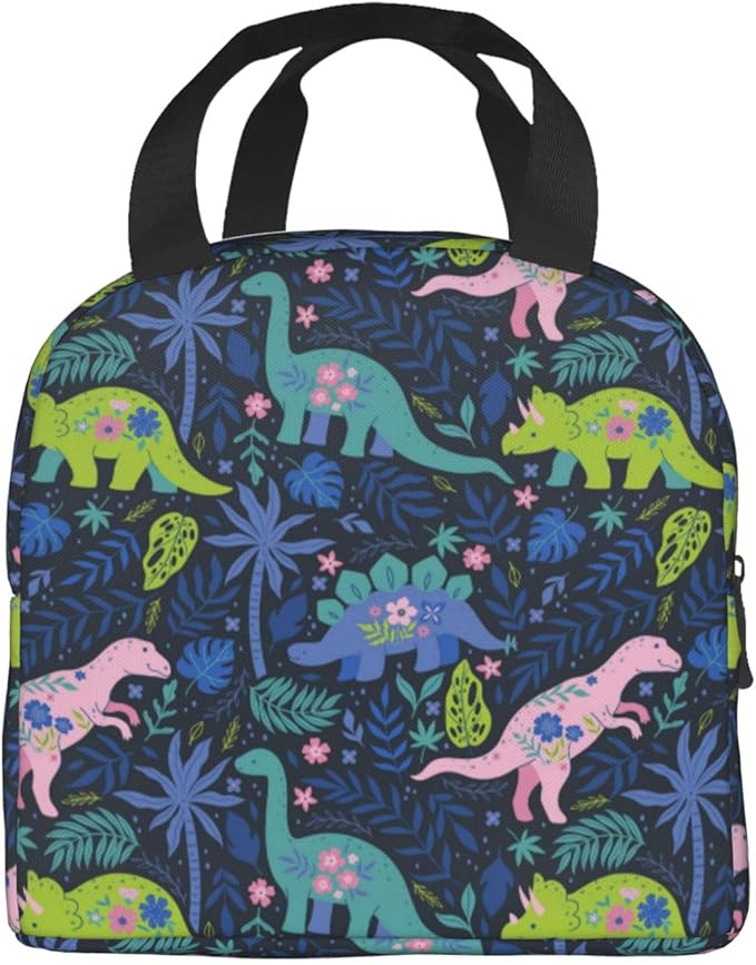 Dinosaur Lunch Box Cartoon Cute Animals Insulated Lunch Bag for Women Men Reusable Cooler Navy Dinosaur Flowers Lunch Tote Bag with Front Pocket for Hiking Picnic Travel Office, wjoy-box-8