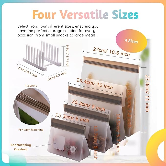 Reusable Silicone Food Storage Bags – 14-Pack Stand-Up, BPA-Free, Freezer, Dishwasher Safe & Eco-Friendly – 3 L, 8 M, 3 S Bags – Airtight Leakproof, Sandwich, Snack, and Meal Prep Baggies (Grey)