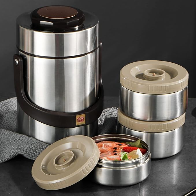 Thermos for Hot food Wide Mouth Lunch Box, 2000ml 3-Layer Stackable Insulated Food Container Reusable Leak Proof Soup Food Jar for Warm/Cool Food Daily Office Travel Picnic Outdoor Meals(Silver)