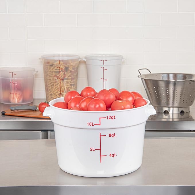Restaurantware-Met Lux 12 Quart Food Storage Containers, 10 White Storage Containers - Lids Sold Separately, Red Volume Markers, Dishwashable Containers, Side Handles, For Storing Foods