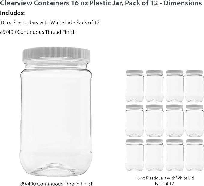 12 Pack of 16 Ounce Plastic Pint Jars with 70RG Leak Proof Seal Lid - Food Grade and BPA Free (16oz, 12pk)