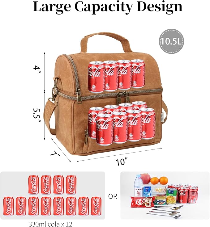 Lunch Box For Men with 2 XL icepacks Sturdy Waxed Canvas Lunch Bag for Men, Soft Cooler Bag for Construction Sites,Work,Picnic and Hiking12-Can(10.5L) 10"x9.5"x7" (Biscuit Yellow)