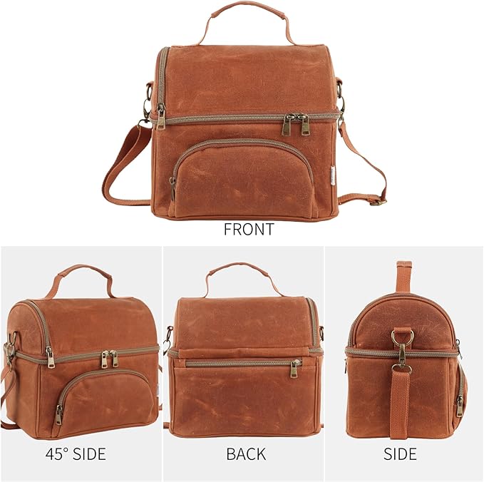 Lunch Box for men with 2 XL icepacks,Sturdy Waxed Canvas Insulated Lunch Bag for Adult, Dual Compartment Soft Cooler Bag For Work, Picnic, Travel, Outdoors (10.5L) 10"x7"x9.5" (Rustic brown)