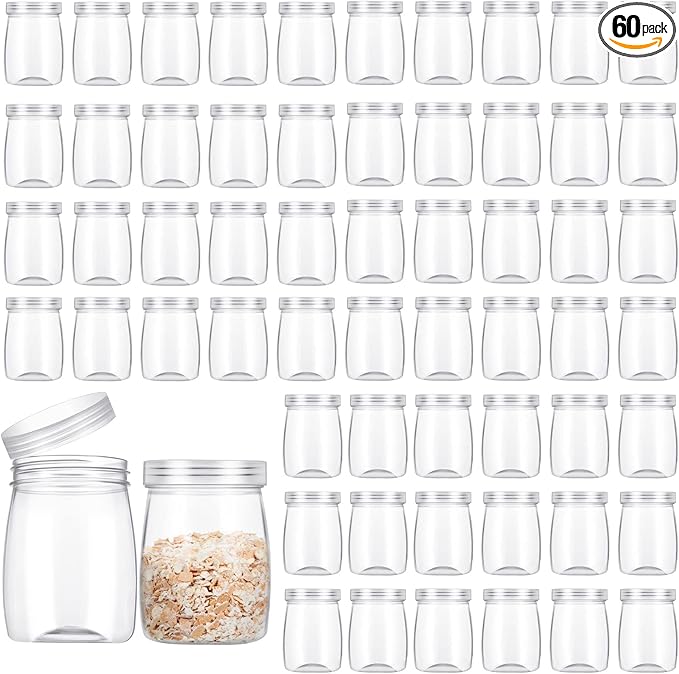 Sabary 60 Packs 5 oz Plastic Wide Mouth Mason Jar with Lids Mini Reusable Storage Containers Bulk for Spice Jam Honey Jelly Dessert Shower Wedding Favors DIY Decor(Clear)