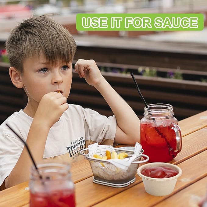 2 oz Compostable Portion Cups,200 Pack Disposable Souffle Cups,Biodegradable Condiment Cups,Bagasse Fiber Sample Portion Cups,Sample Cups Tasting Cups for Jello Shot,Souffle,Condiment,Sauce (Natural)
