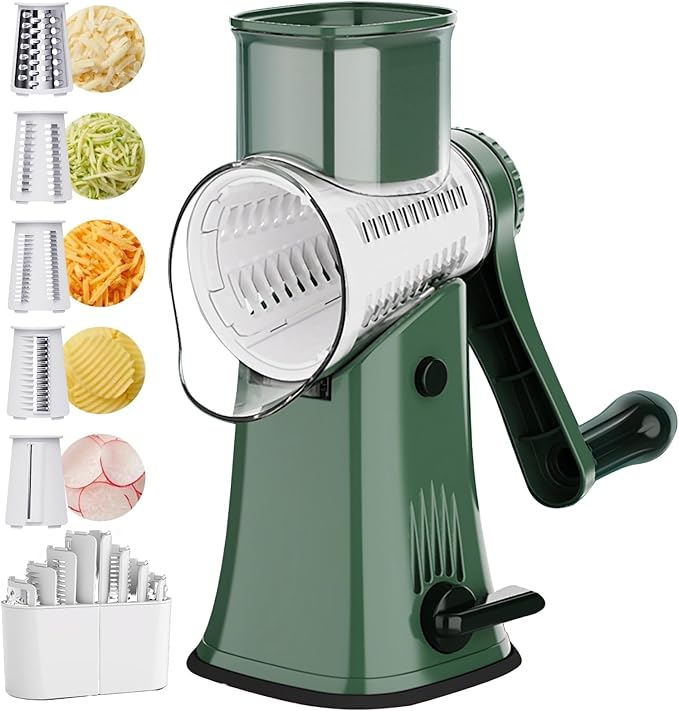 Rotary Cheese Grater 5 in 1 Cheese Grater with Handle Vegetable Slicer with 5 Interchangeable Blades, Storage Box, Green Cheese Shredder with Strong Suction Base for Kitchen (Green)