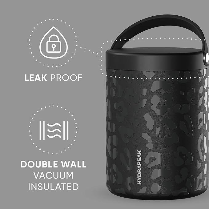 Hydrapeak 32oz Stainless Steel Vacuum Insulated Thermos Food Jar | Thermos for Hot Food and Cold Food, Wide Mouth Leak-Proof Soup Thermos for Adults, 10 Hours Hot and 16 Hours Cold(Black Leopard)
