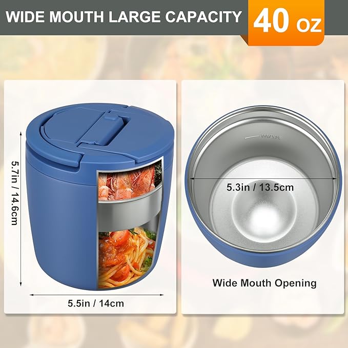 MAXSO Lunch Container 40 oz for Adults Stainless Steel Vacuum Insulated Food Jar, Soup Thermo for Hot Food Thermal Bento Box, Wide Mouth Leakproof Buckle Lid with Spoon - Blue