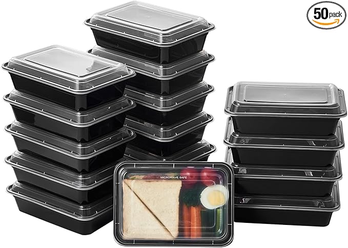 32 oz 50Pack Plastic Meal Prep Food Storage Containers with Lids Reusable 1 Compartment To Go Lunch Box Black Extra Large &Thick Microwave Freezer Safe BPA Free Stackable (Formerly FULING)
