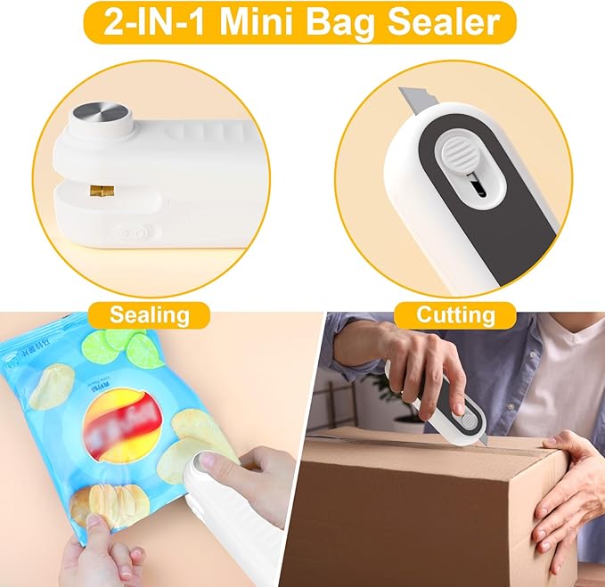 2 in 1 Mini Bag Sealer, Bag Sealer Heat Seal with Cutter, USB C Rechargeable Chip Bag Sealer Heat Seal, Portable Bag Resealer for Plastic Bags Snacks & Food Storage,Ivory White