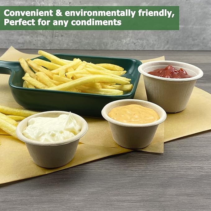 CAMKYDE 4 oz Disposable Bagasse Fiber Souffle Cups 200pk, 100% Natural Biodegradable Compostable Condiment cups Sample Cup Tasting Cup (Natural, Pack of 200)