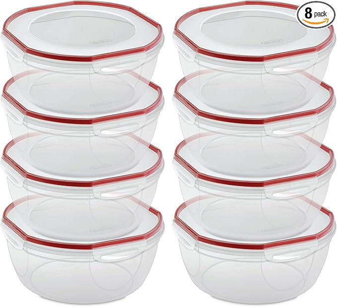 Sterilite Ultra-Seal 8.1 Qt Bowl, Large Airtight Food Storage Container, Latching Lid, Microwave and Dishwasher Safe, Clear With Red Gasket, 8-Pack