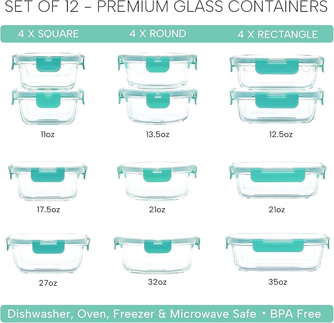 Zulay Kitchen 12 Pack Glass Meal Prep Containers with Lids - Airtight, Premium Borosilicate Glass Food Storage Containers - Microwave, Freezer & Oven Safe, BPA Free - Teal