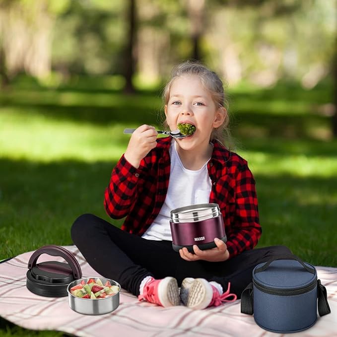 MAXSO Food Jar for Hot Food - 24 OZ Soup Thermo for Adults Vacuum Insulated Lunch Containers with Foldable Spoon & Thermal Bag, Wide Mouth Leakproof Bento Box - Burgundy