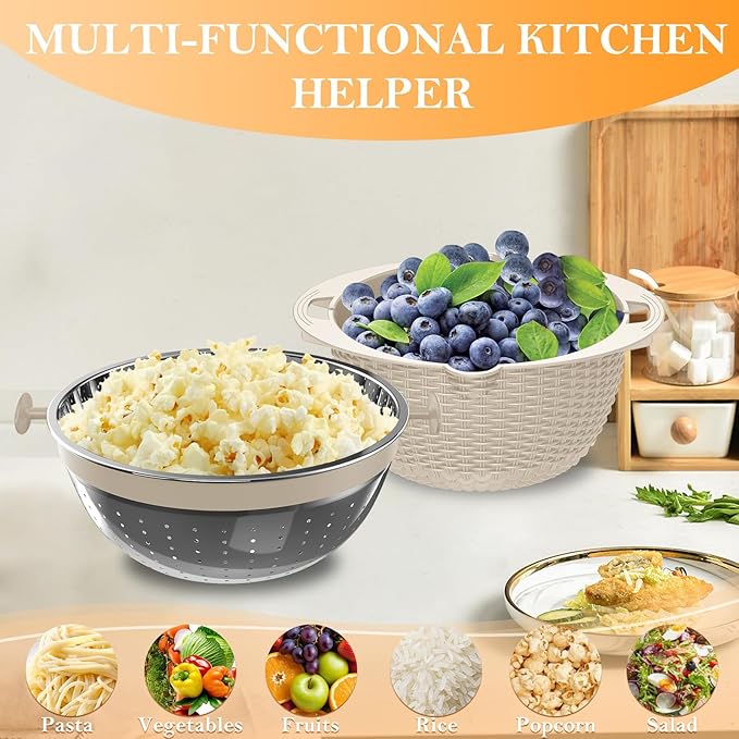 4-1 Colander with Bowl Set, Food Strainers and Colanders, Rice Strainer, Fruit Washing Bowl with Strainer, Rotatable colander for kitchen, Aesthetic Kitchen Gadget - Beige