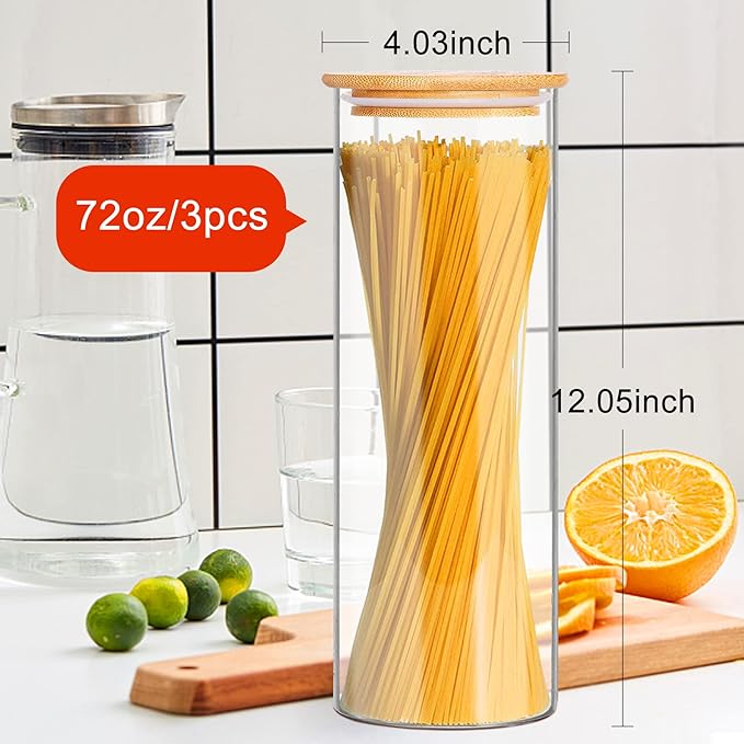 Glass Jars with Bamboo Lids, 72oz 3Pcs Kitchen Glass Containers with Bamboo Lids, Airtight Glass Pantry Storage Containers with Lids for Spaghetti, Pasta, Rice, Nuts, Flour, Bean, Dry Foods