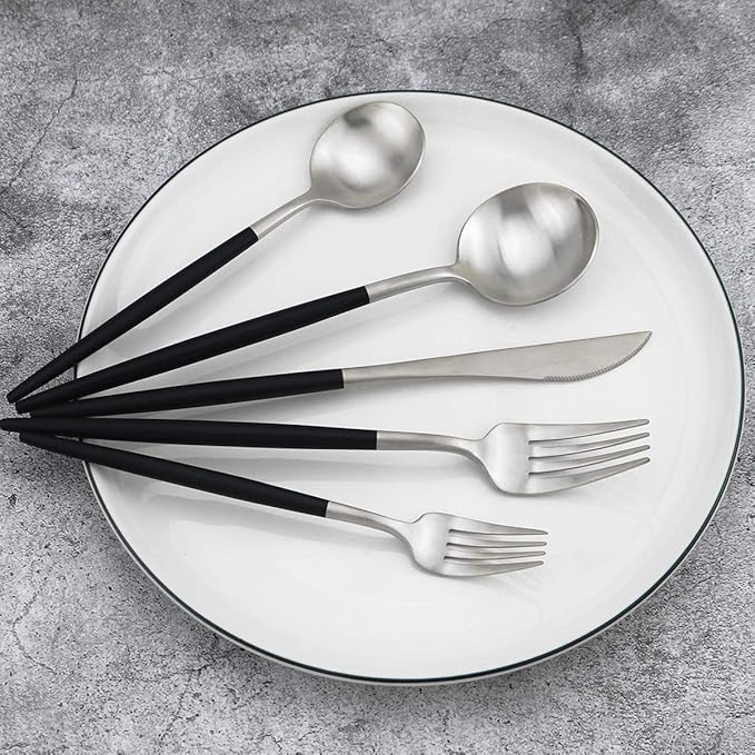 20-Piece 18/10 Stainless Steel Flatware Silverware, Luxury Dinnerware Set Travel Cutlery Tableware Include Knife Fork Spoon Service for 4, Dishwasher Safe (Black Handle Matte Silver)