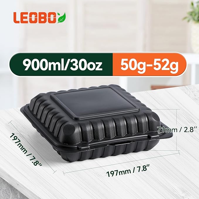 Meal Prep Containers, Reusable 65 Pack Clamshell Food Container 7.8 Inch Black MFPP 3 Compartment To Go Bento Boxes