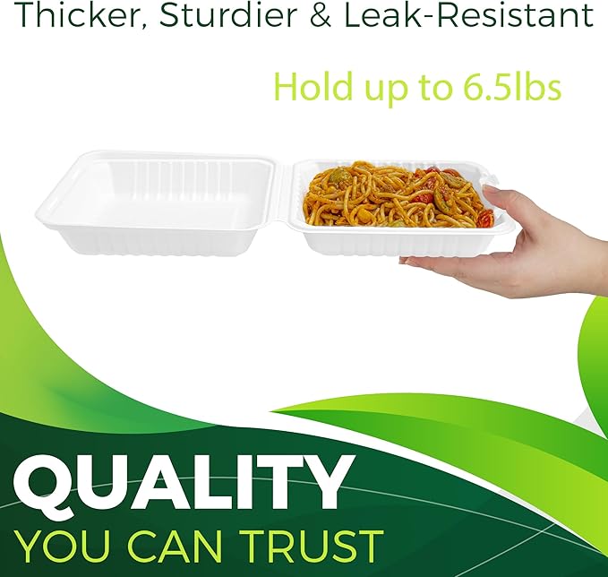 75 Pack 8”x8” Take Out Containers with Lids, EXTRA Sturdy To Go Food Containers, 100% Compostable Clamshell Take Out Containers, To Go Boxes for Food