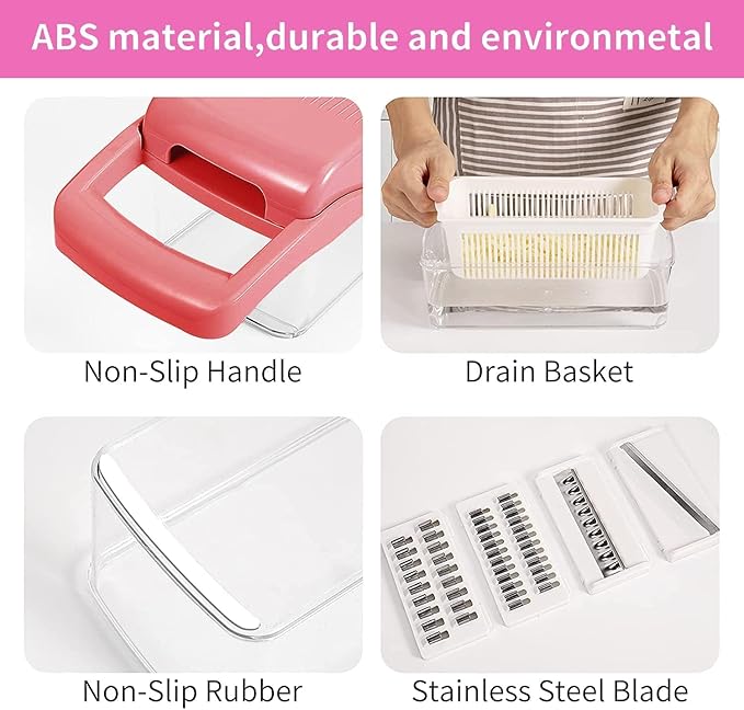 Vegetable Chopper, Onion Chopper, Mandolin Slicer,Pro 10 in 1professional food multifunctional Vegetable Chopper and Slicer, Dicing Machine, AdjustableVegetable Cutter Container (Pink>White Mix)