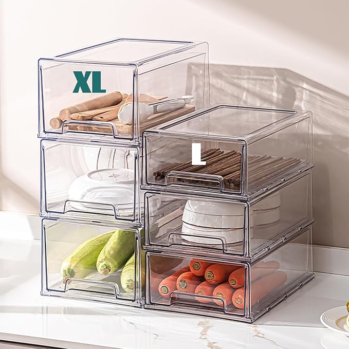 PeJeyiee Clear Stackable Refrigerator Organizers and Storage Drawers - Pull-Out Fridge Bins with Anti-Slip Base & Easy Clean, Plastic Organizers for Kitchen Pantry Cabinet Closet (2XL)