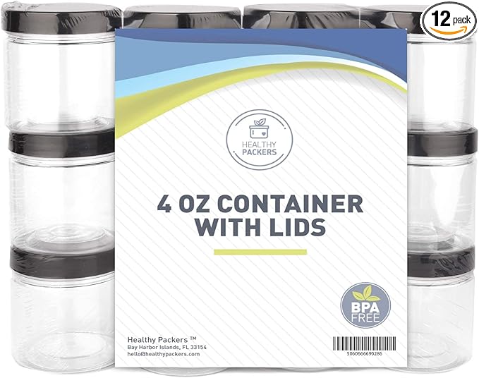 Healthy Packers 4oz Plastic Jars with Lids - Small Clear Jars with Lids - Lotion Containers with Lids | 4 oz Plastic Mason Jars with lids | Cream and Cosmetic Jars (12 pack) (Black)