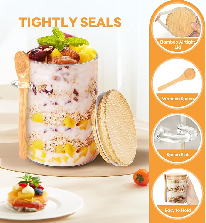 2 Pack 25oz Large Overnight Oats Containers with Lids, Overnight Oats Jars with Spoons, Glass Jars with bamboo Lids,salad jars with lids meal prep for Chia Seed Pudding Yogurt Cereal Coffee Flour