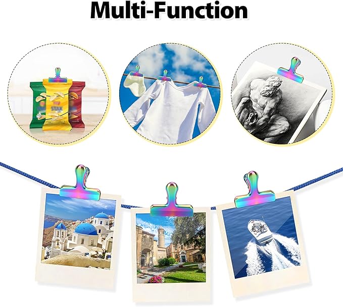 Pack of 8 Bag Clips, Stainless Steel and Heavy Duty Metal Bag Clip,Tightly Seals Chip, Coffee, Bread or Cereal Bags to Keep Food Fresh, for Home, Kitchen, Office, Pantry, Camping (Rainbow)