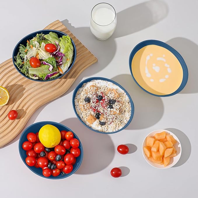 Wheat Straw Bowl 26 OZ - Unbreakable Serving Bowl Set of 4, Microwavable Bowls Set, Reusable Plastic Bowls for Cereal,Salad,Oatmeal,Soup, Kitchen Bowl (Blue)