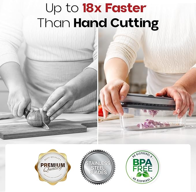 Vegetable Chopper and Mandoline Slicer for Kitchen with 4 Blades, Scraper and Container, ALL in 1 Sharp Veggie Chopper Vegetable Cutter, French Fry Cutter, Onion, Fruit, Salad, Potato