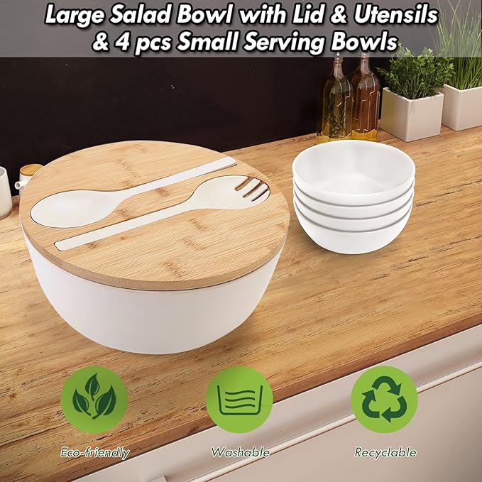ShineMe Salad Bowl Set, 9.8inches Large Salad Bowl with Lid, Bamboo Salad Serving Bowl with 4pack Small Snack Bowls and Servers(Fork & Spoon) for Mixing Salad, Vegetables and Pasta(White)